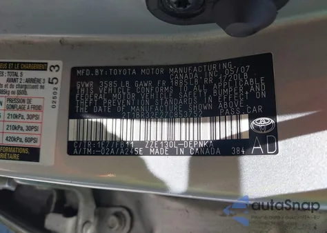 2007 Toyota Corolla Le from USA, damaged, VIN 2T1BR32E27C853752